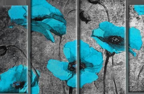 Turquoise Blue Poppies On Black Painting With Mockled Abstract Throughout Turquoise And Black Wall Art (Photo 17 of 20)