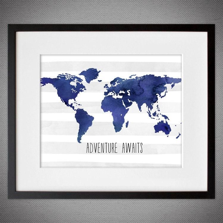 Watercolor World Map Wall Art In Blue  Project Cottage Within Framed World Map Wall Art (View 17 of 20)