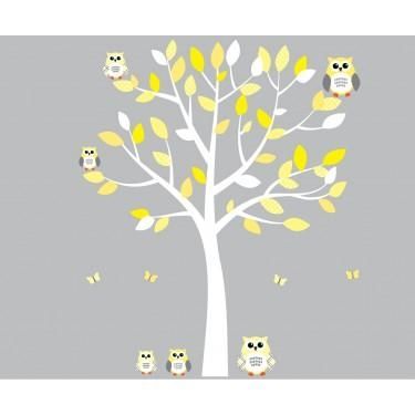 Yellow And Grey Owl Wall Art With White Tree Wall Decal For Girls Pertaining To Yellow And Grey Wall Art (Photo 10 of 20)