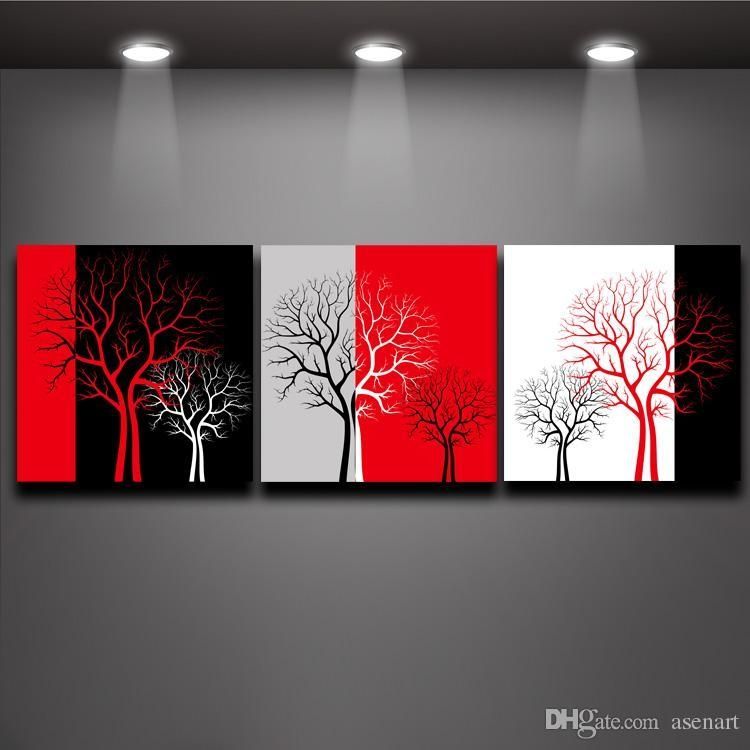2017 Red Black White Three Colors Tree Picture Oil Painting Prints Within Red And Black Canvas Wall Art (Photo 1 of 20)