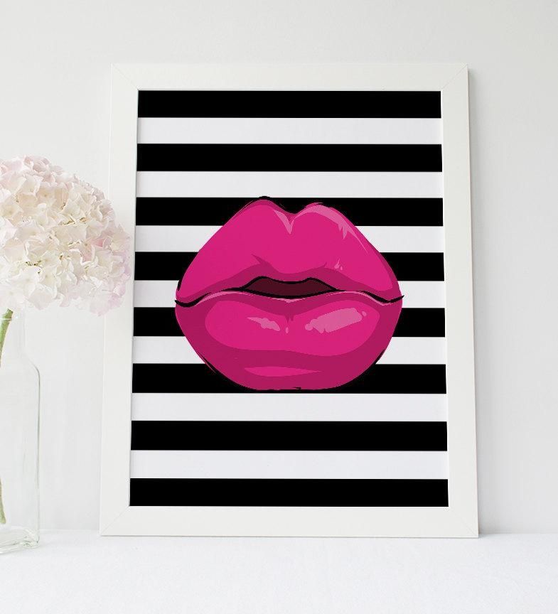 Black And White Striped Lips Wall Art Lips Instant Download Inside Pink And White Wall Art (Photo 13 of 20)