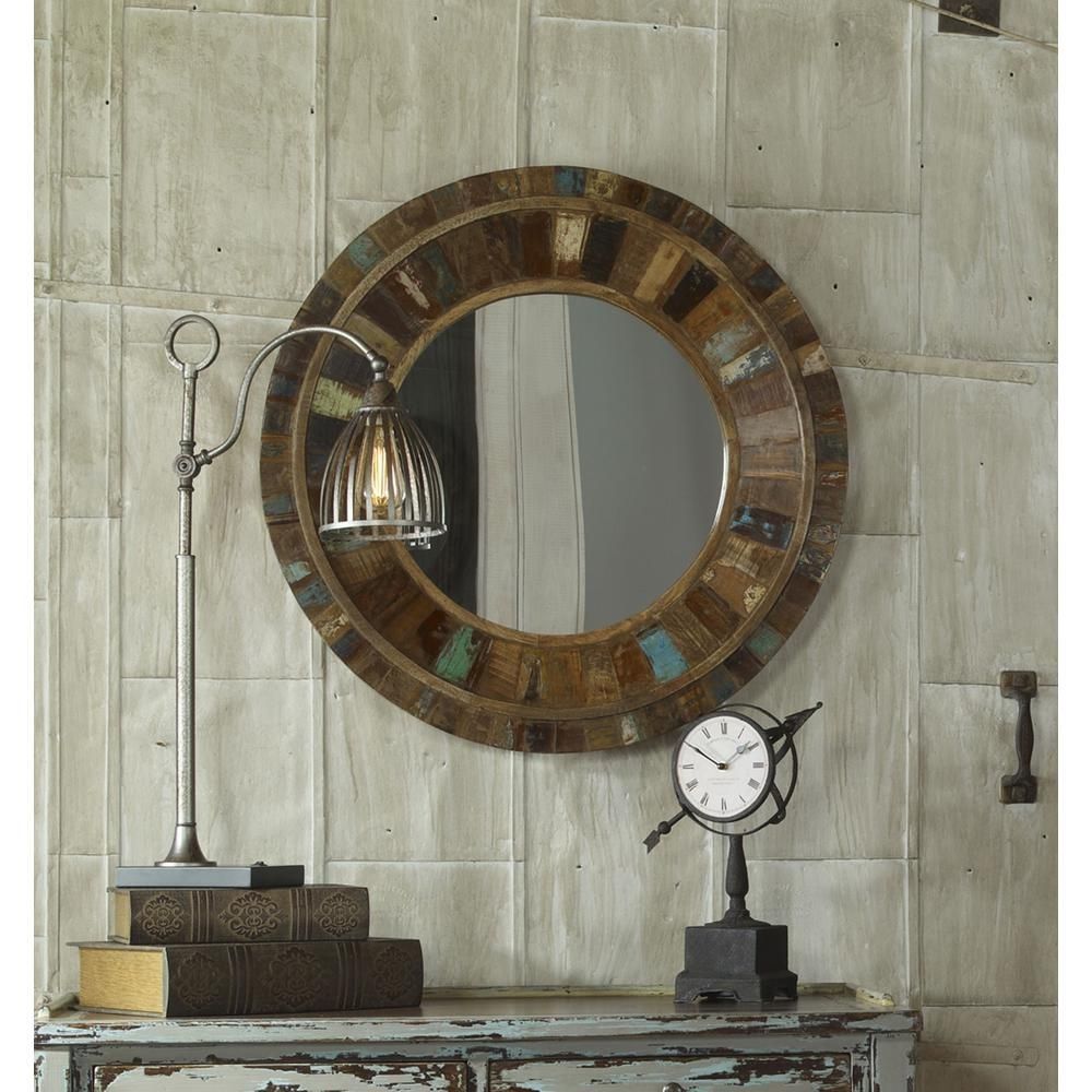 Global Direct 32 In. X 32 In. Reclaimed Wood Framed Mirror 04017 Within Round Wood Framed Mirrors (Photo 7 of 20)