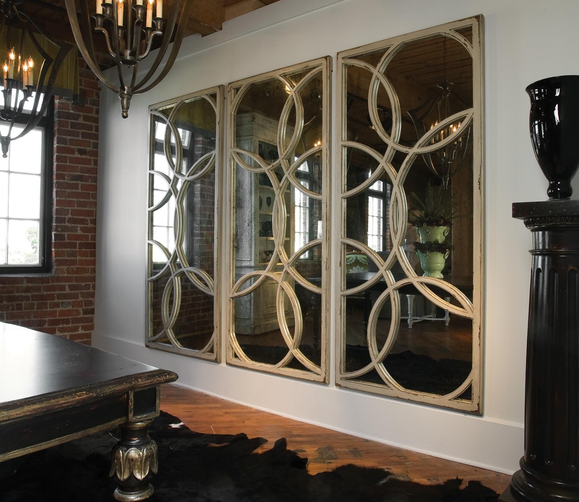 Large Mirror With Cream Wooden Frame With Circle Shape Placed On Throughout Large Fancy Wall Mirrors (View 14 of 20)