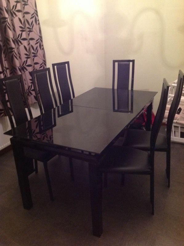 Must Go! Harvey Black Glass 'noir' Extending Dining Table And 6 With Most Recently Released Extending Dining Tables With 6 Chairs (Photo 20 of 20)