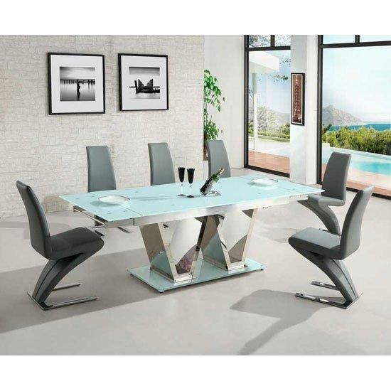 Nico Extending Glass Dining Table In White And 6 Grey Pertaining To Best And Newest Grey Glass Dining Tables (View 7 of 20)