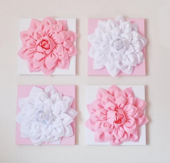 Nursery Wall Decor Set Of Four Light Pink And White Flower Regarding Pink And White Wall Art (Photo 1 of 20)