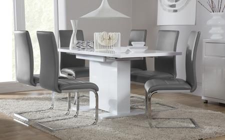 Osaka White High Gloss Extending Dining Table With 6 Renzo Grey Throughout 2017 Dining Tables With Grey Chairs (View 15 of 20)