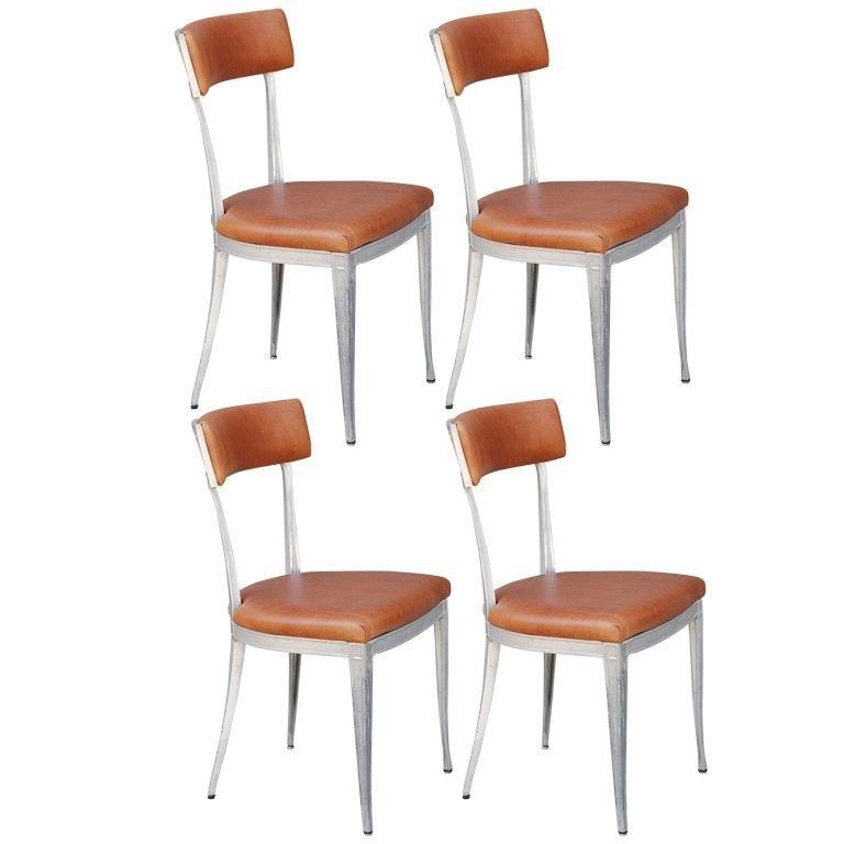 Set Of 4 Neoclassical Aluminum And Brown Leather Dining Chairs For Throughout Brown Leather Dining Chairs (View 19 of 20)
