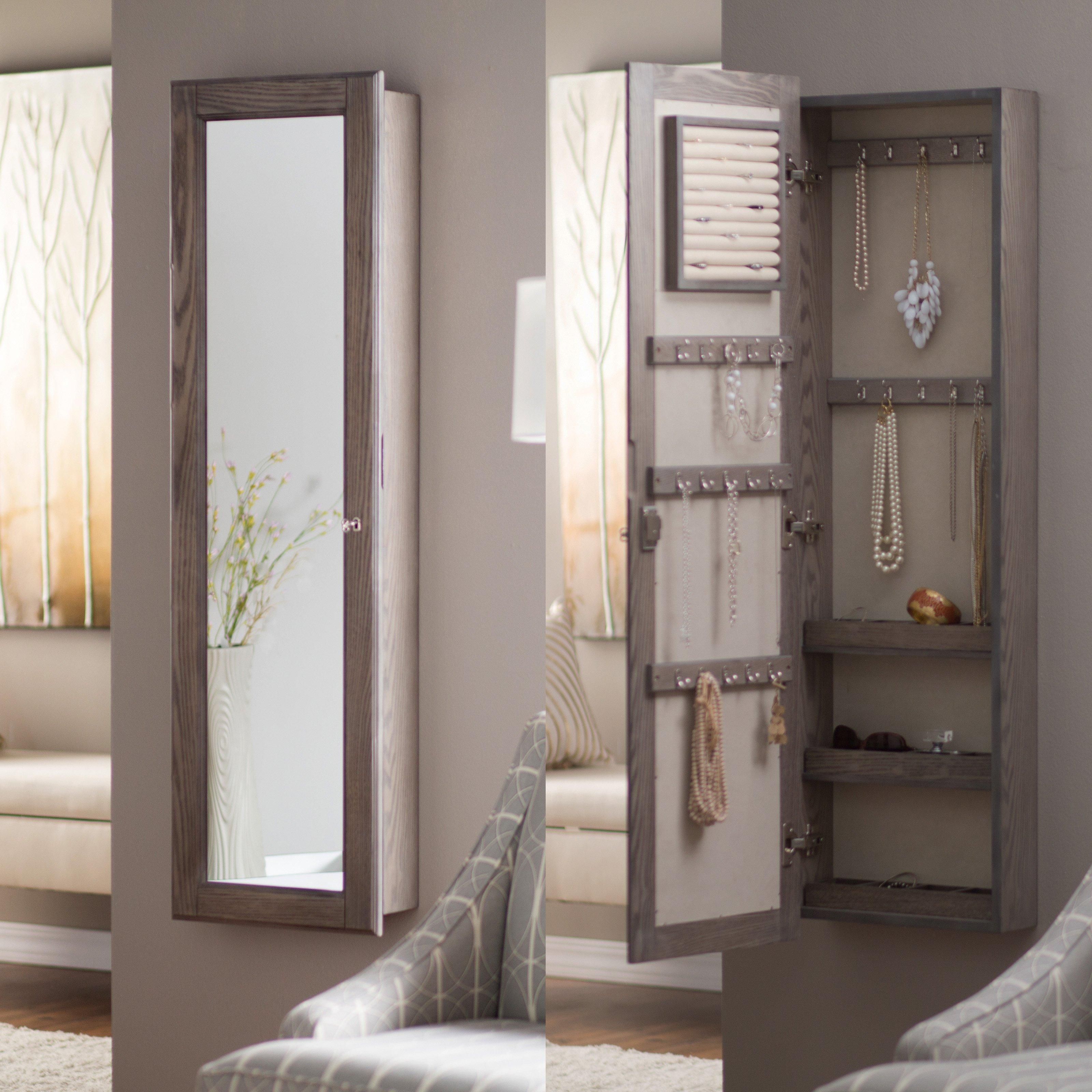 Wall Mounted Gray Walnut Wood Jewelry Armoire With Mirror Of With Wall Mounted Mirrors For Bedroom (View 2 of 20)