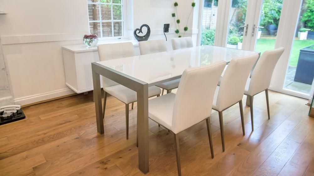 White High Gloss Extending Dining Table | Brushed Metal Legs | For Most Popular Cream High Gloss Dining Tables (Photo 15 of 20)