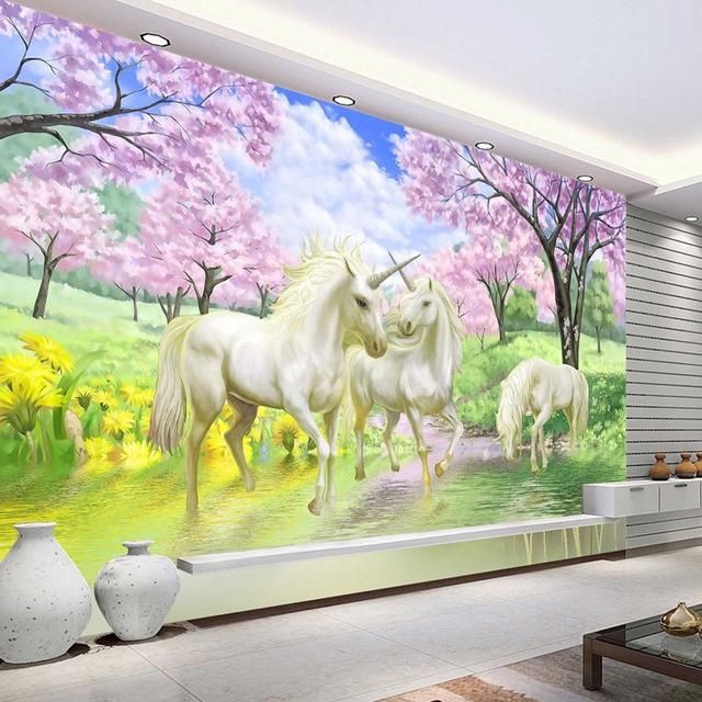 3D Custom Photo Wallpaper Unicorn Sakura Wallpaper Fantasy Wall Within 3D Unicorn Wall Art (View 14 of 20)