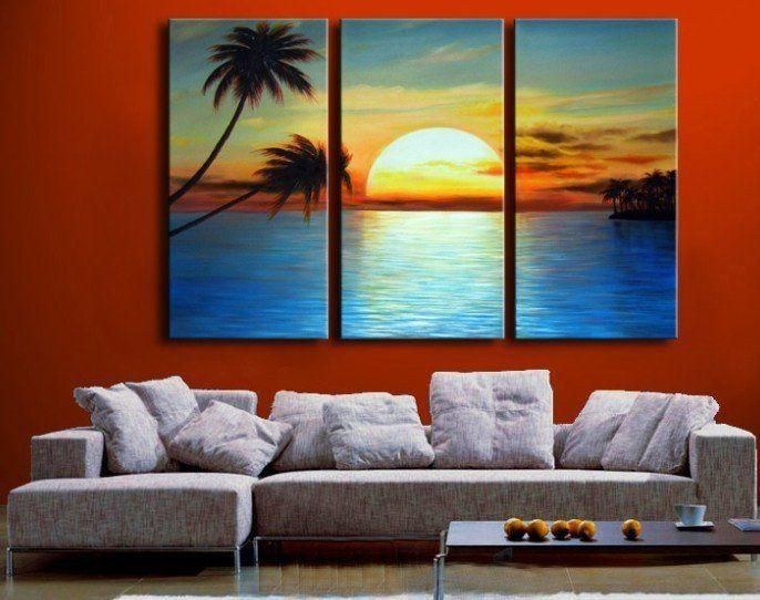 Handpainted 3 Piece Modern Landscape Oil Painting On Canvas Wall Inside 3 Piece Beach Wall Art (Photo 33446 of 35622)