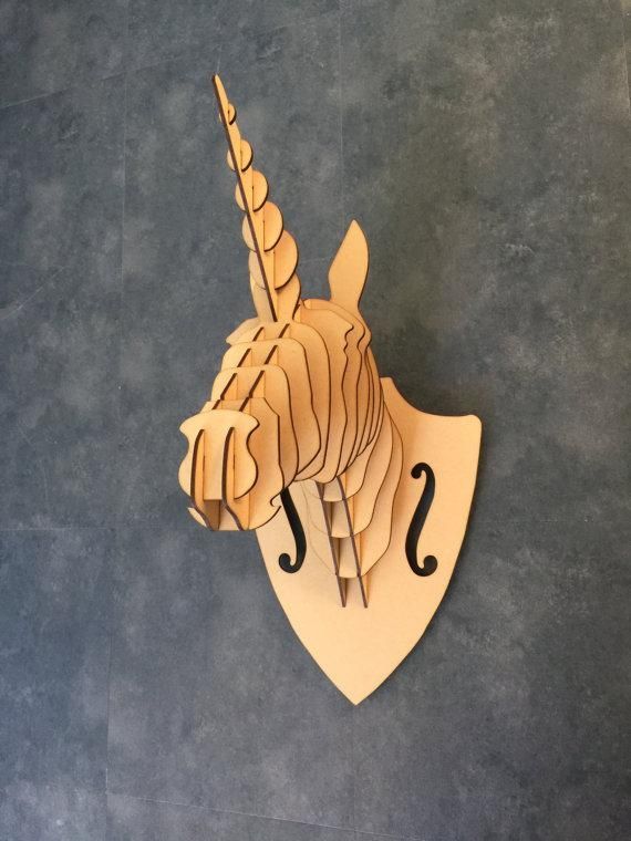 Large/ Small Wooden Unicorn Trophy Head Kit 3D Wall Art Home For 3D Unicorn Wall Art (View 16 of 20)