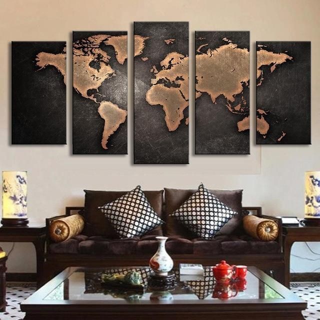 5 Pcs/set Vintage Abstract Wall Art Painting World Map Print On Pertaining To World Map Wall Art Canvas (Photo 2 of 20)