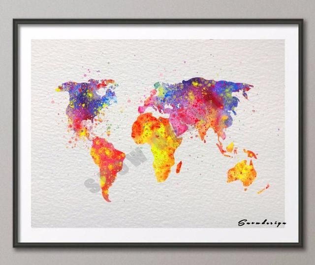 Diy Original Watercolor World Map Wall Art Canvas Painting Poster Intended For World Map Wall Art Canvas (Photo 17 of 20)