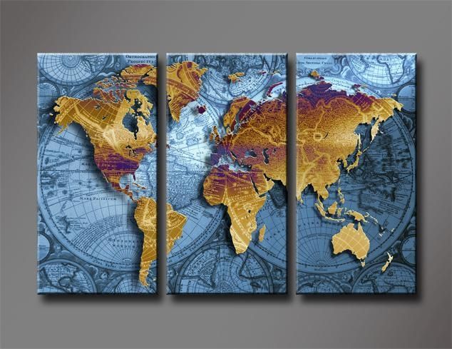 Golden World Map With Blue Sea, Large Hd Canvas Print Painting Throughout World Map Wall Art Canvas (View 12 of 20)