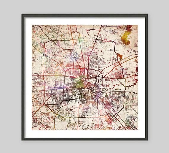 Houston Map Texas Watercolor Painting Old Paper Giclee Throughout Houston Map Wall Art (View 6 of 20)