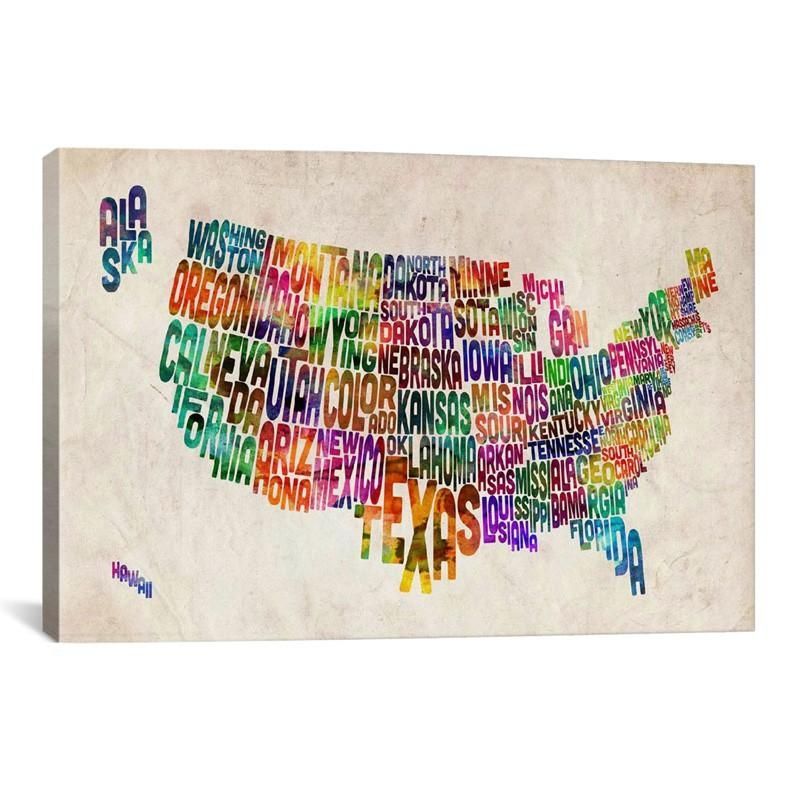 Impressive Typographic Text Usa Map Canvas Wall Art In State Map Wall Art (View 15 of 20)