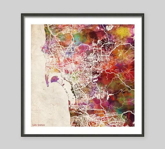 San Diego Map California Watercolor Painting Old Paper With Regard To San Diego Map Wall Art (View 3 of 20)