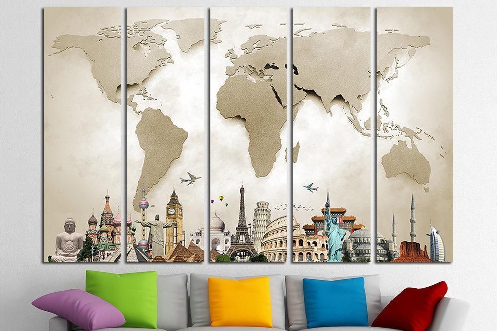 World Map Canvas Print Wall Art Multi Panel World Map Wall Pertaining To Travel Map Wall Art (Photo 15 of 20)