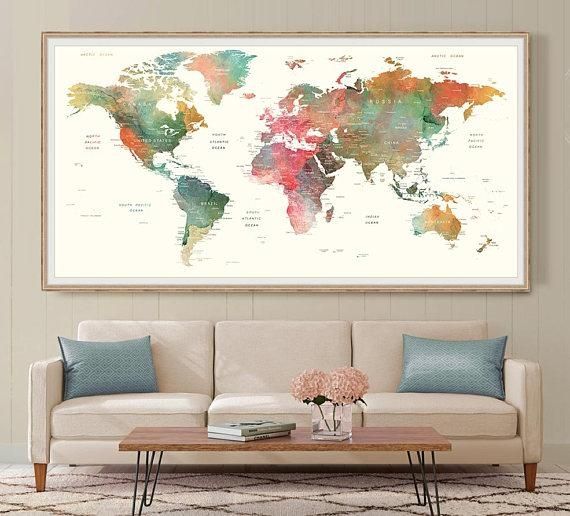 World Map Wall Art Large Watercolor Push Pin World Map Poster Regarding Worldmap Wall Art (View 11 of 20)