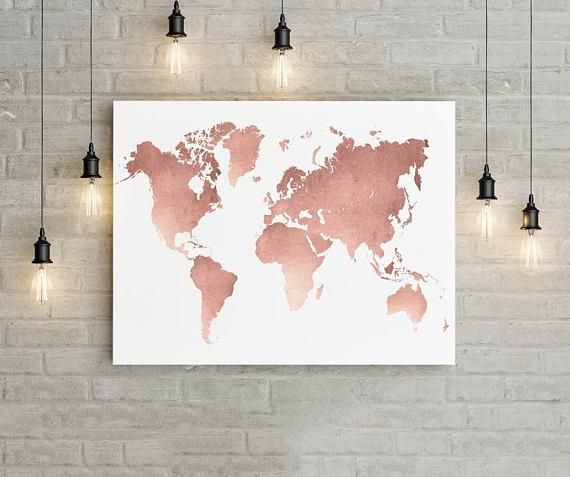 World Map Wall Art Rose Gold Print World Map Poster Rose With Regard To Travel Map Wall Art (Photo 6 of 20)