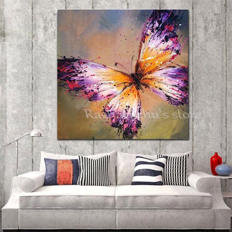 Hand Painted Abstract Purple Butterfly Oil Painting On Canvas Inside Abstract Butterfly Wall Art (View 7 of 20)
