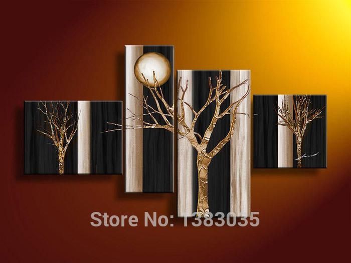 Hand Painted Abstract Trees Art Oil Paintings 4 Piece Canvas Wall Pertaining To Black And Gold Abstract Wall Art (View 19 of 20)