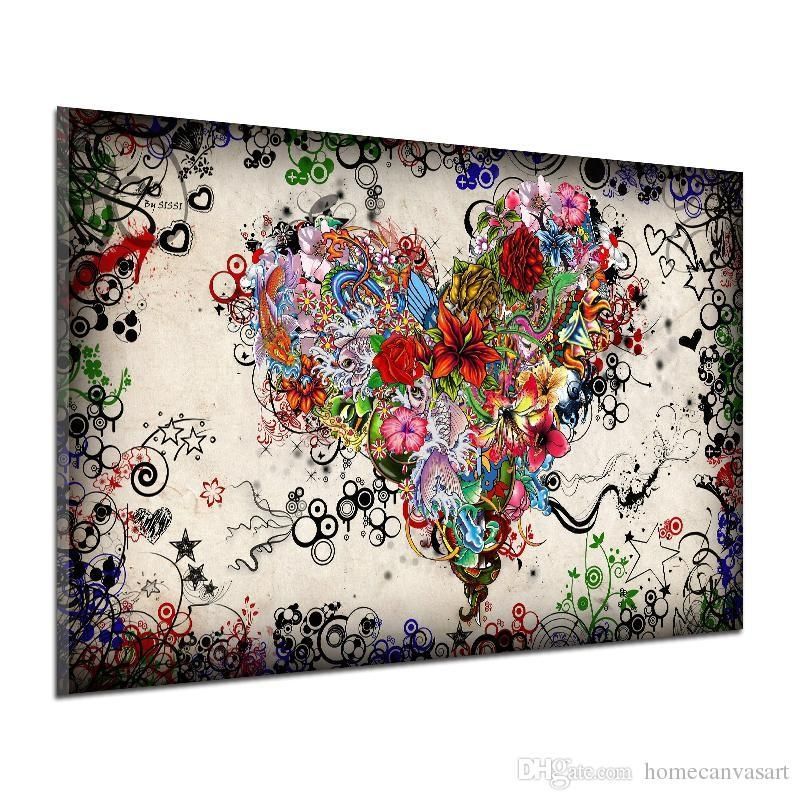 2018 Graffiti Design Abstract Wall Art Heart Flowers Canvas Prints Pertaining To Abstract Heart Wall Art (View 20 of 20)