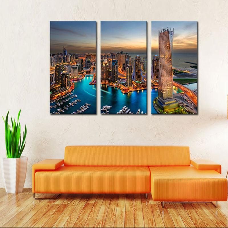 3 Pieces Canvas Painting City Landscape Paintings Wall Art With Dubai Canvas Wall Art (Photo 9 of 20)