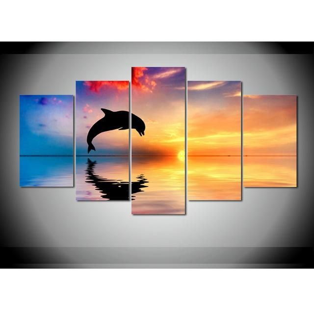 5 Panels Jumping Dolphin Shadow Sunset Canvas Prints Canvas Throughout Jump Canvas Wall Art (View 15 of 20)