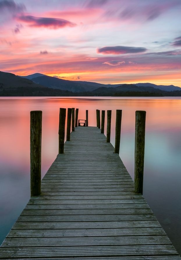 A Beautiful, Vibrant Pink And Purple Sunset With Wooden Jetty In Within Lake District Canvas Wall Art (View 13 of 20)