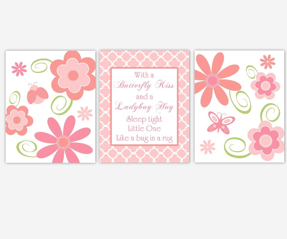 Baby Girls Canvas Nursery Wall Art Pink Coral Flowers Ladybug Within Girl Canvas Wall Art (View 14 of 20)