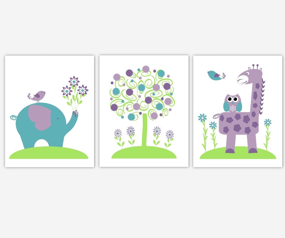 Baby Girls Canvas Nursery Wall Art Purple Lavender Green Teal Tree Pertaining To Safari Canvas Wall Art (View 19 of 20)