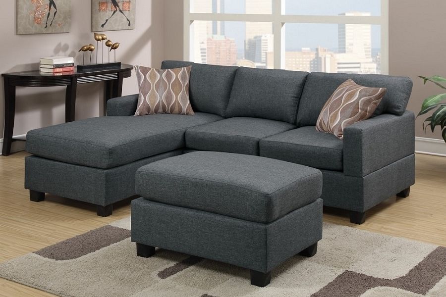 Blue Grey Blended Linen Sofa Sectional Reversible Chaise + Ottoman Inside Sofas With Chaise And Ottoman (View 1 of 10)