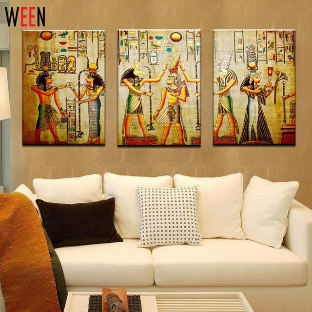 Canvas Painting Triple Abstract Picture Egyptian Mural Room Modern Regarding Egyptian Canvas Wall Art (View 5 of 20)