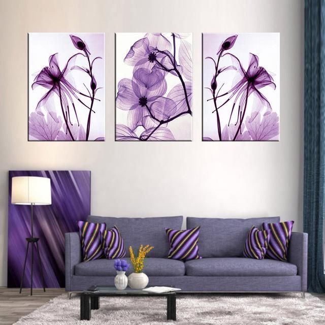 Combined 3 Pcs/set New Purple Flower Wall Art Painting Prints On Throughout Purple Flowers Canvas Wall Art (View 2 of 20)