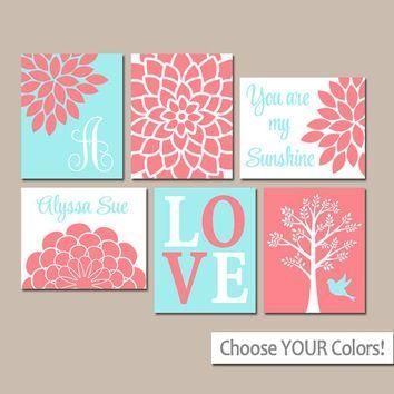 Coral Aqua Nursery Wall Art, Canvas Or Prints, Baby Girl Nursery With Regard To Personalized Nursery Canvas Wall Art (View 10 of 20)