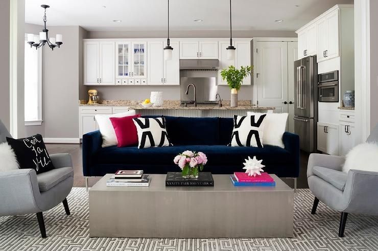 Dark Blue Velvet Sofa With Black And White Pillows – Contemporary In Dark Blue Sofas (View 9 of 10)