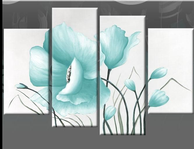 Egg Blue Large Poppy With Buds In 4 Panel Canvas Wall Art Print 40 For Duck Egg Canvas Wall Art (View 1 of 20)