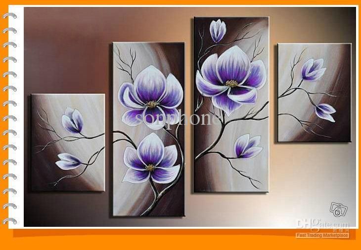Framed 4 Panels 100% Handmade Purple Flower Oil Painting On Canvas Throughout Purple Flowers Canvas Wall Art (View 1 of 20)