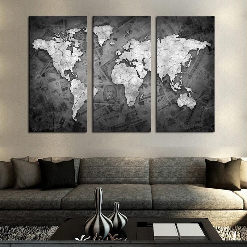 Frameless 3 Pcs Wall Art Classical Grey Color Modern World Map In Grey Canvas Wall Art (View 1 of 20)