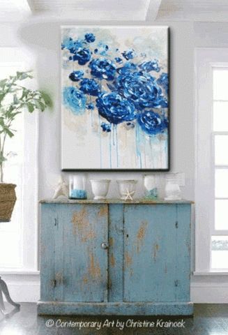 Giclee Print Large Art Abstract Painting Blue Flowers Navy Blue With Regard To Abstract Floral Canvas Wall Art (View 20 of 20)