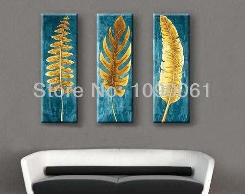 Hand Painted 3 Piece Canvas Wall Art Abstract Modern Gold Leaves Regarding Abstract Leaves Wall Art (View 1 of 20)