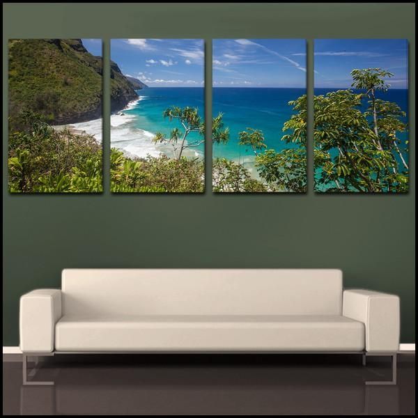 Ke'e Beach Coastal Overlook" Kauai Hawaii Tropical 4 Piece Fine In Hawaii Canvas Wall Art (View 1 of 20)