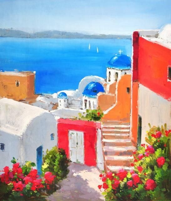 Oil Painting On Canvas Mediterranean Santorini Greece Seascape Within Greece Canvas Wall Art (View 14 of 20)