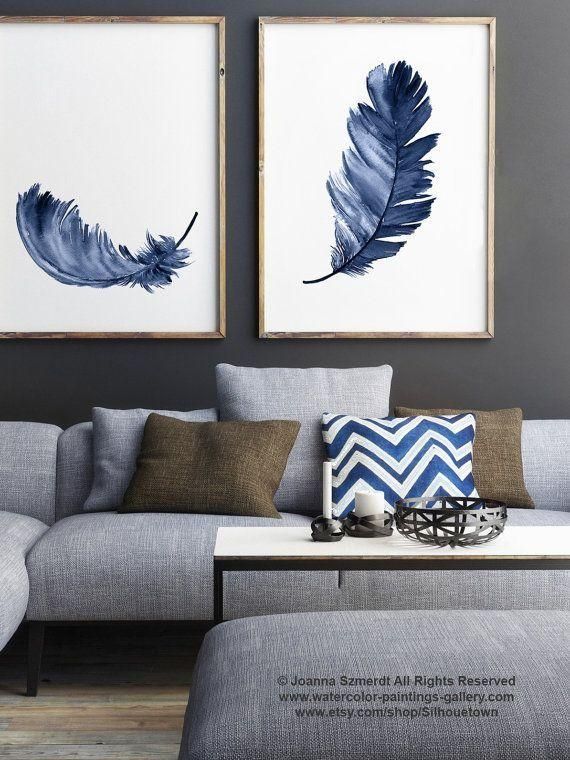 Royal Blue Feather Print Set 2 Canvas Feathers Watercolor Painting In Abstract Living Room Wall Art (View 9 of 20)
