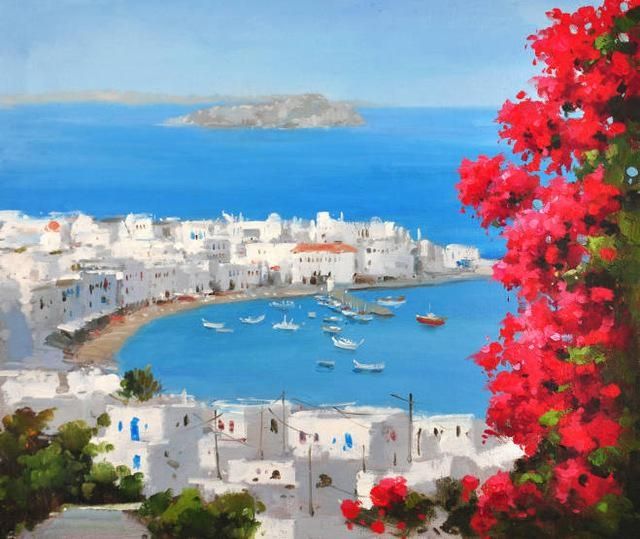 Santorini Greece White House Red Flowers Blue Sea Seascape Scenery Inside Greece Canvas Wall Art (View 20 of 20)