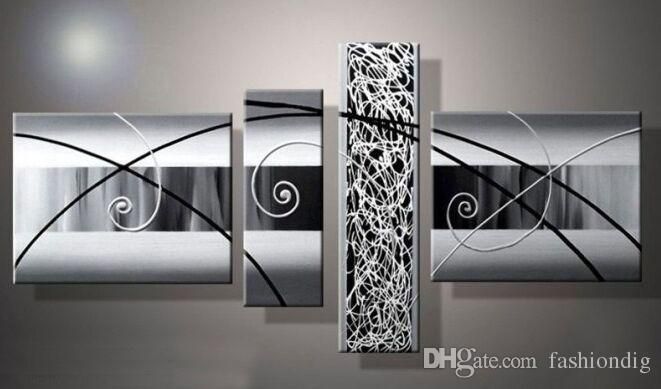 Stretched Simple Black White Grey Abstract Oil Painting Artwork Inside Grey Abstract Canvas Wall Art (View 13 of 20)