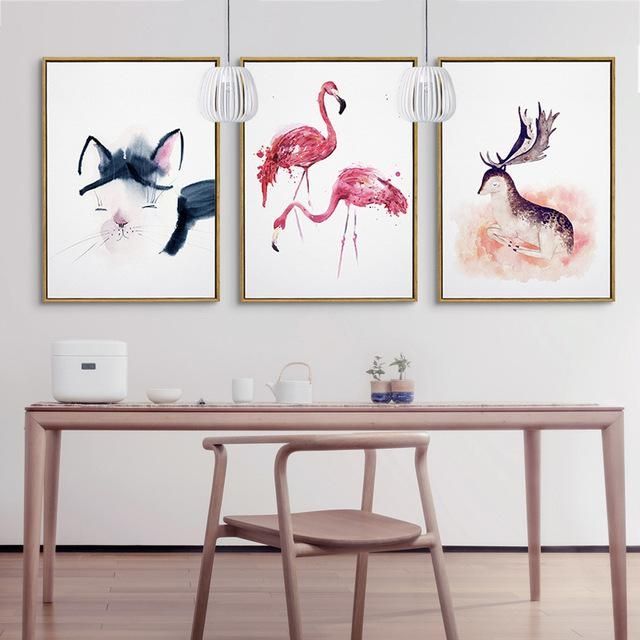 Triptych Lovely Adorable Flamingo Deer Hello Kitty Painting Canvas Inside Hello Kitty Canvas Wall Art (View 20 of 20)